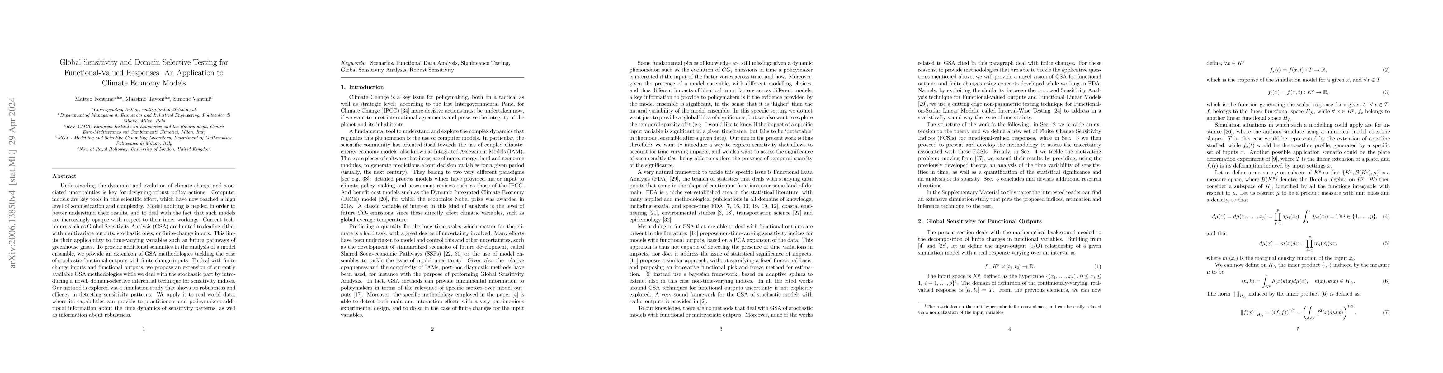 Thumbnail for Global Sensitivity and Domain-Selective Testing for Functional-Valued
  Responses: An Application to Climate Economy Models