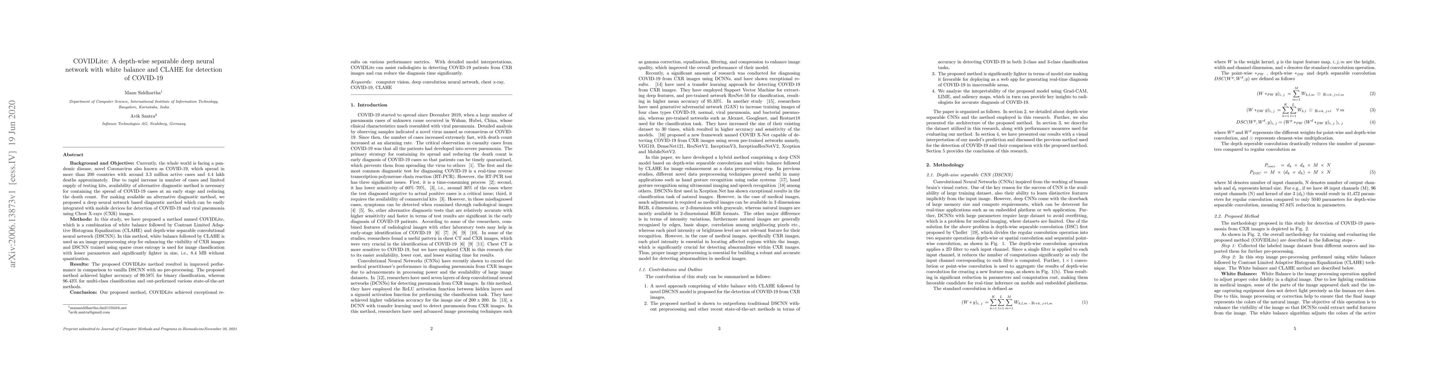 Thumbnail for COVIDLite: A depth-wise separable deep neural network with white balance
  and CLAHE for detection of COVID-19