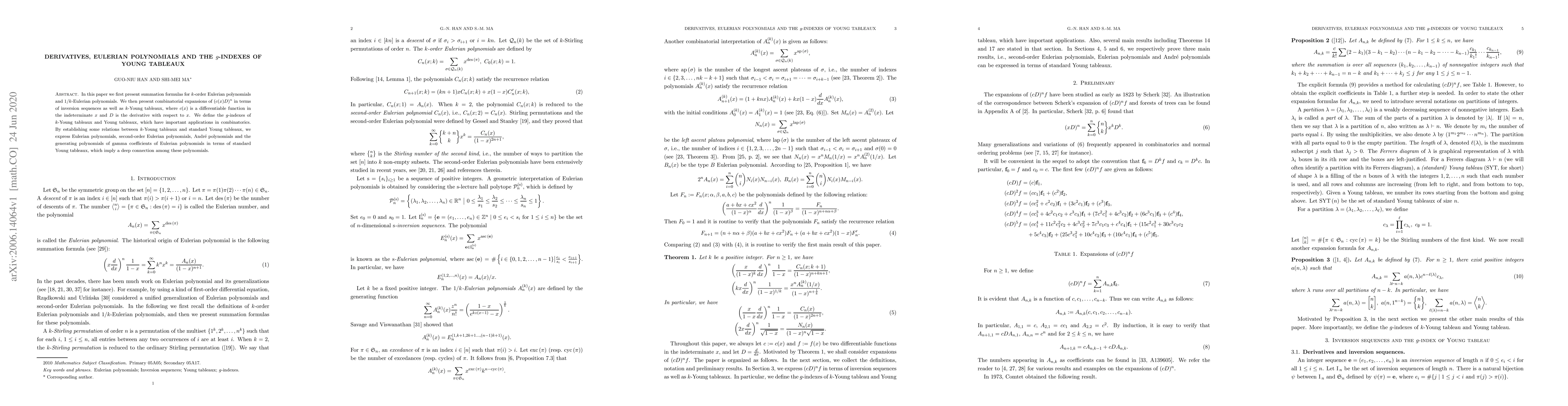 Thumbnail for Derivatives, Eulerian polynomials and the $g$-indexes of Young tableaux