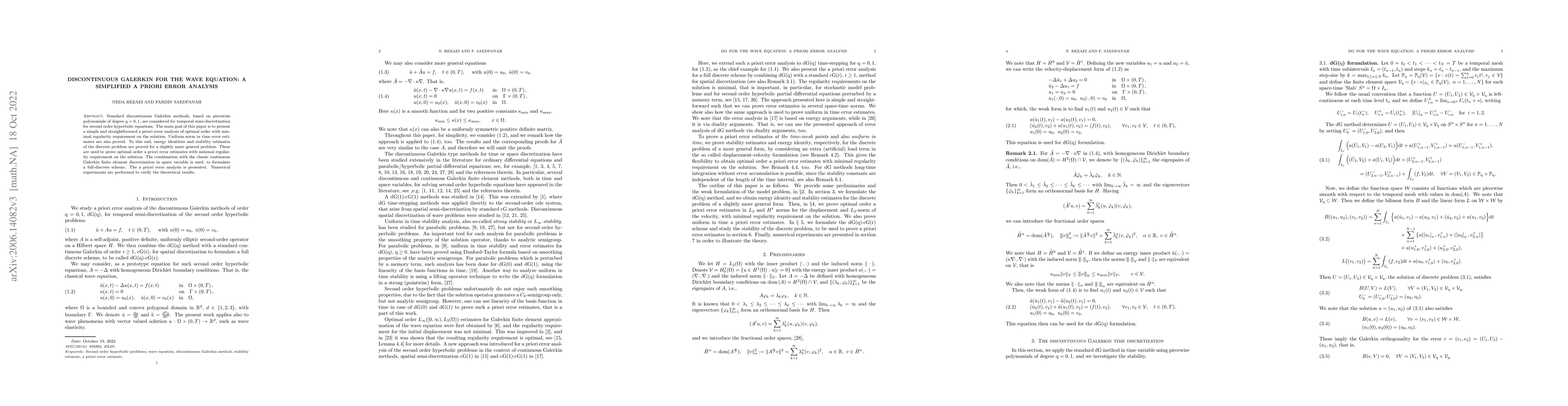 Thumbnail for Discontinuous Galerkin for the wave equation: a simplified a priori
  error analysis