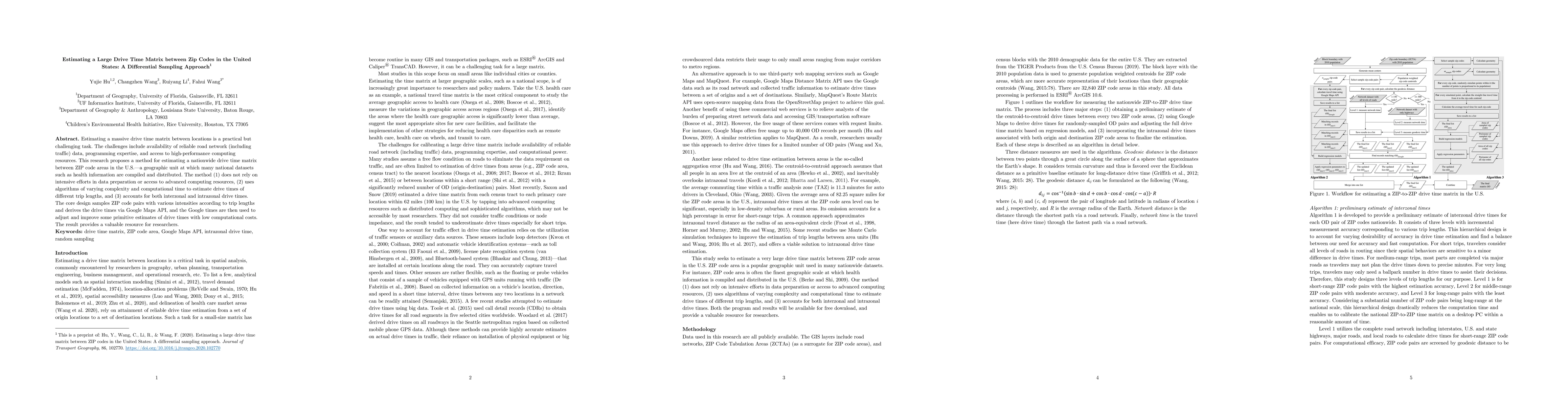 Thumbnail for Estimating a Large Drive Time Matrix between Zip Codes in the United
  States: A Differential Sampling Approach
