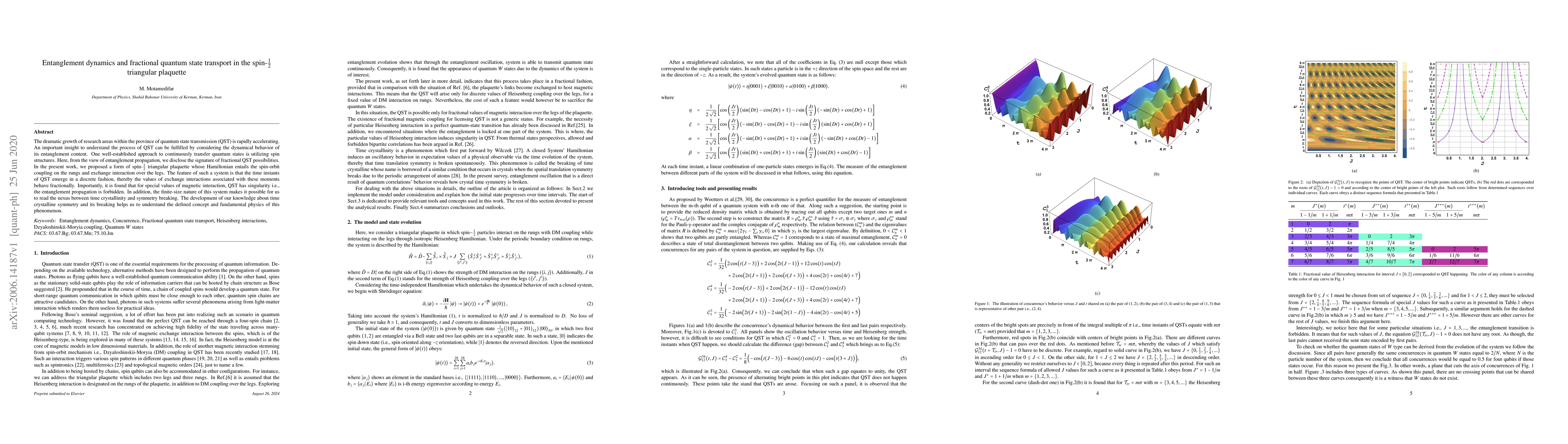 Thumbnail for Entanglement dynamics and fractional quantum state transport in the
  spin-$\frac{1}{2}$ triangular plaquette