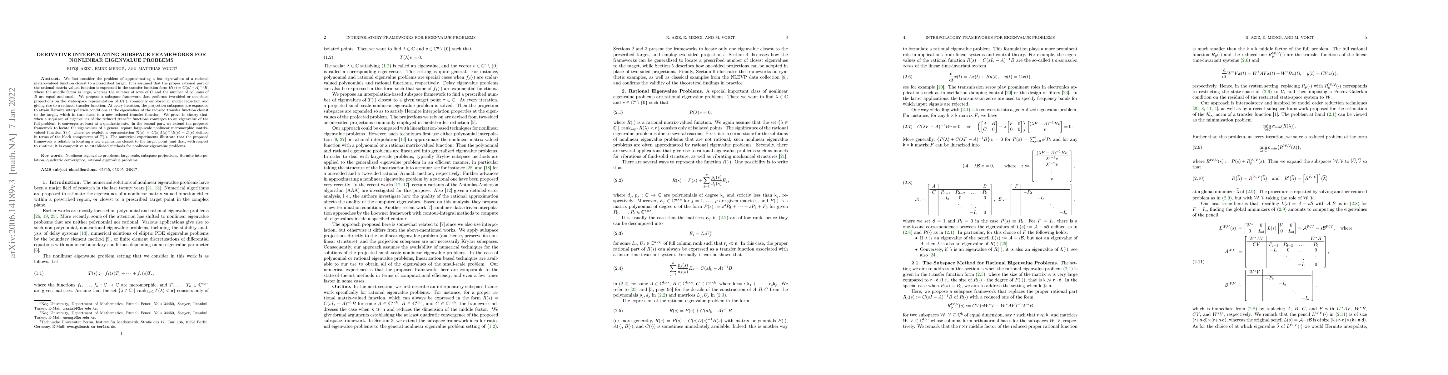 Thumbnail for Derivative Interpolating Subspace Frameworks for Nonlinear Eigenvalue
  Problems