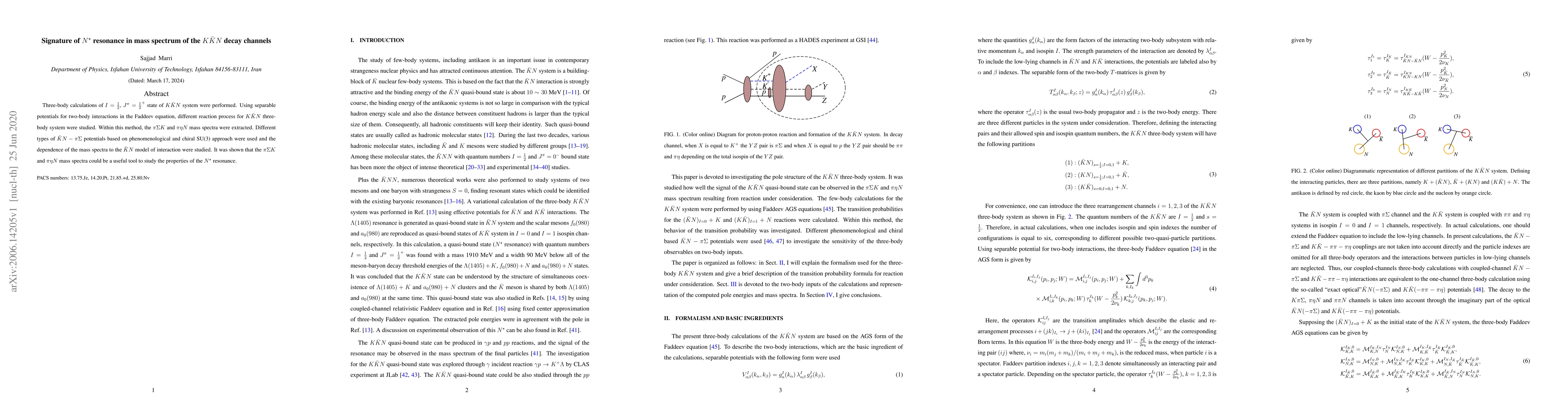 Thumbnail for Signature of $N^{\star}$ resonance in mass spectrum of the $K\bar{K}N$
  decay channels