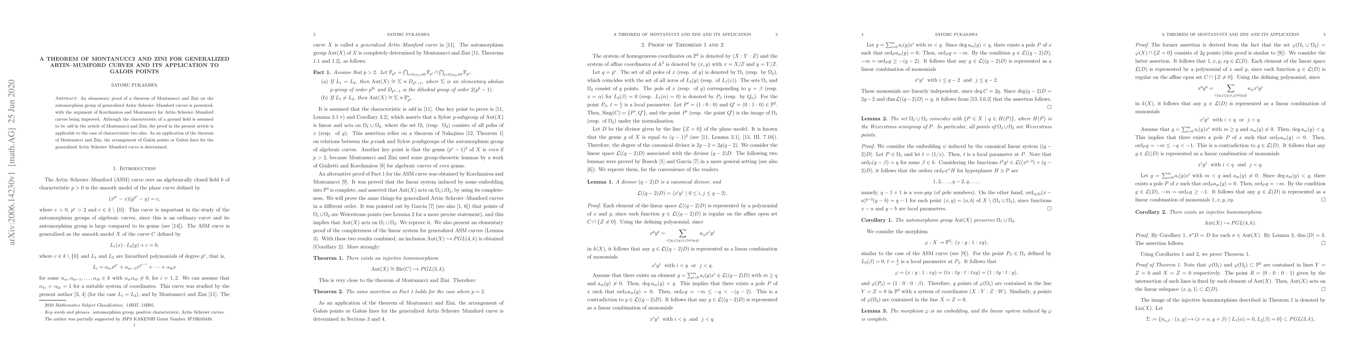 Thumbnail for A theorem of Montanucci and Zini for generalized Artin-Mumford curves
  and its application to Galois points