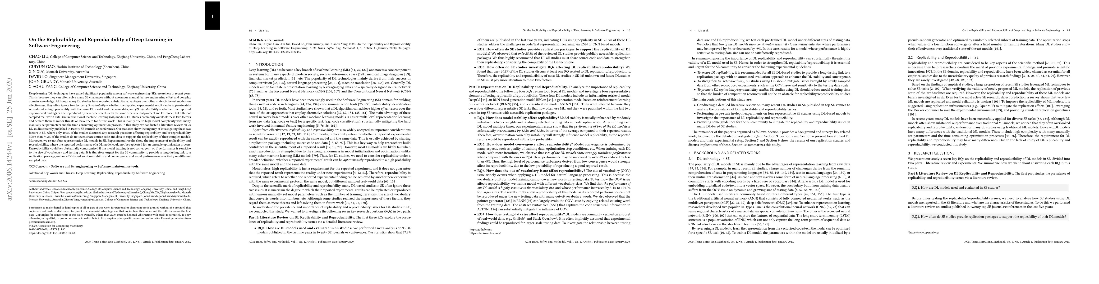 Thumbnail for On the Replicability and Reproducibility of Deep Learning in Software
  Engineering
