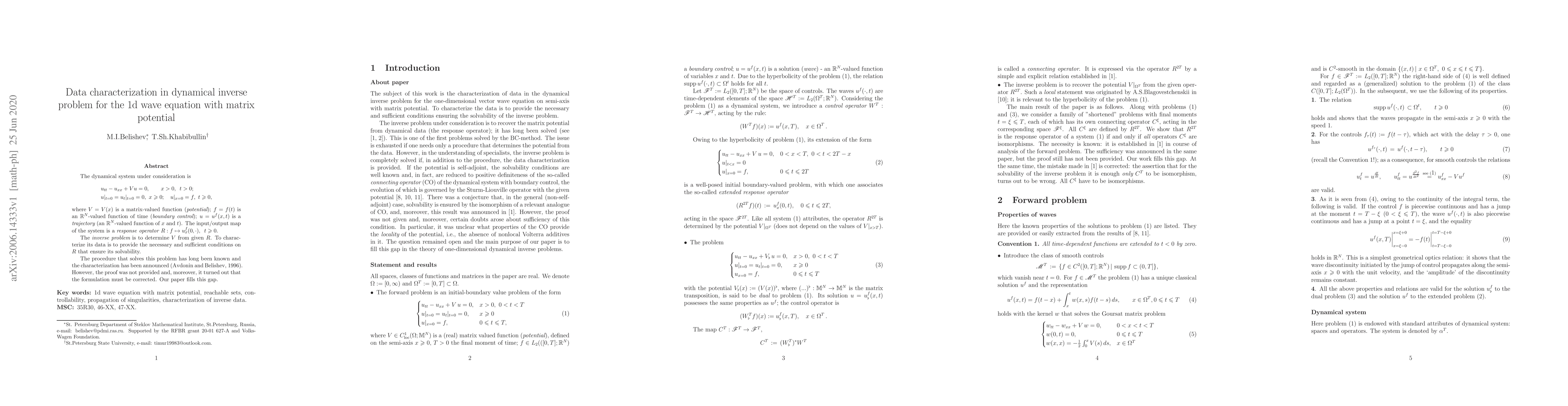 Thumbnail for Data characterization in dynamical inverse problem for the 1d wave
  equation with matrix potential