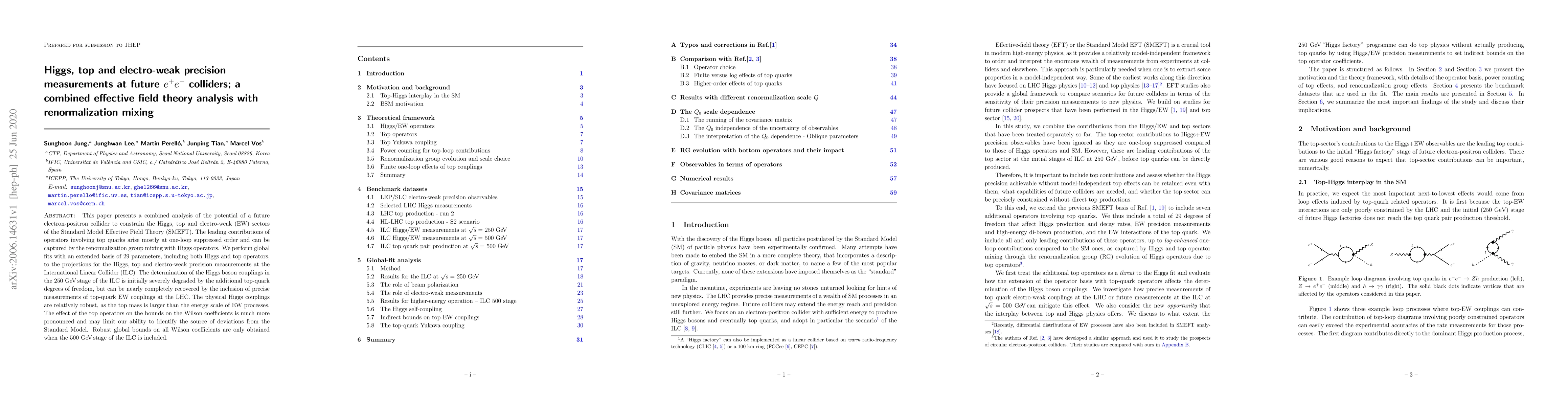 Thumbnail for Higgs, top and electro-weak precision measurements at future $e^+ e^-$
  colliders; a combined effective field theory analysis with renormalization
  mixing
