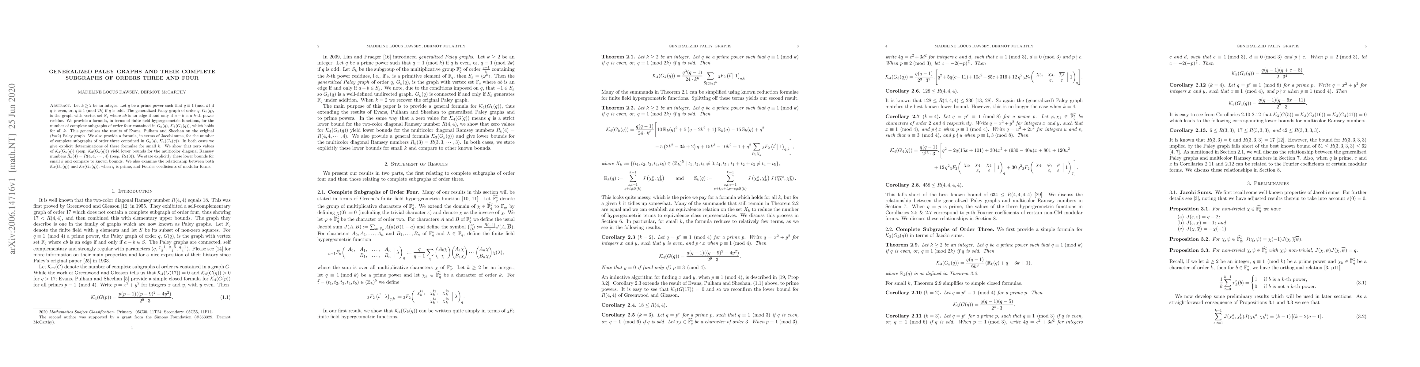 Thumbnail for Generalized Paley graphs and their complete subgraphs of orders three
  and four