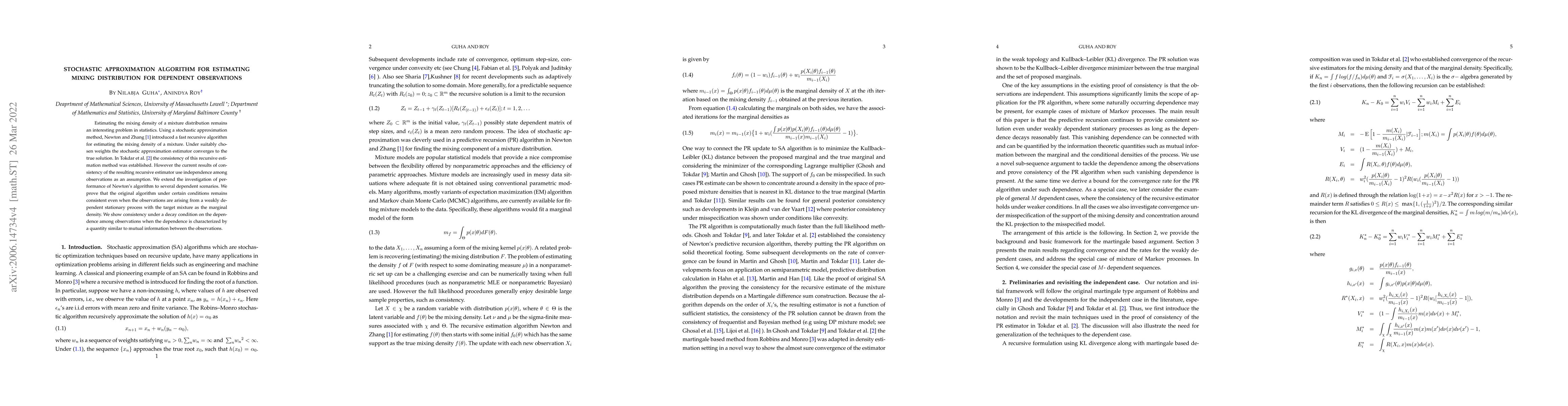 Thumbnail for Stochastic Approximation Algorithm for Estimating Mixing Distribution
  for Dependent Observations