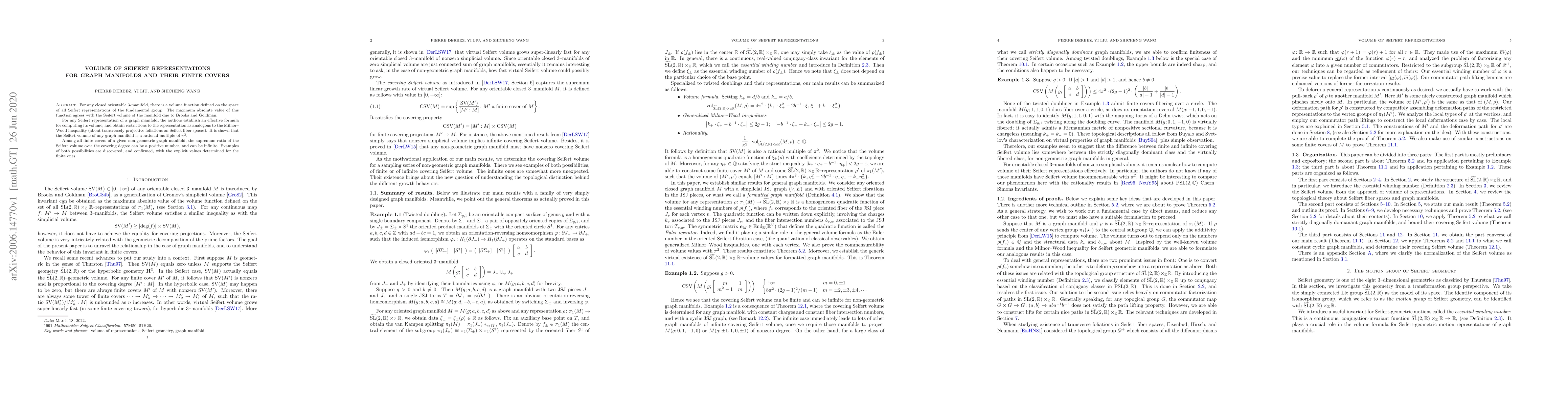 Thumbnail for Volume of Seifert representations for graph manifolds and their finite
  covers