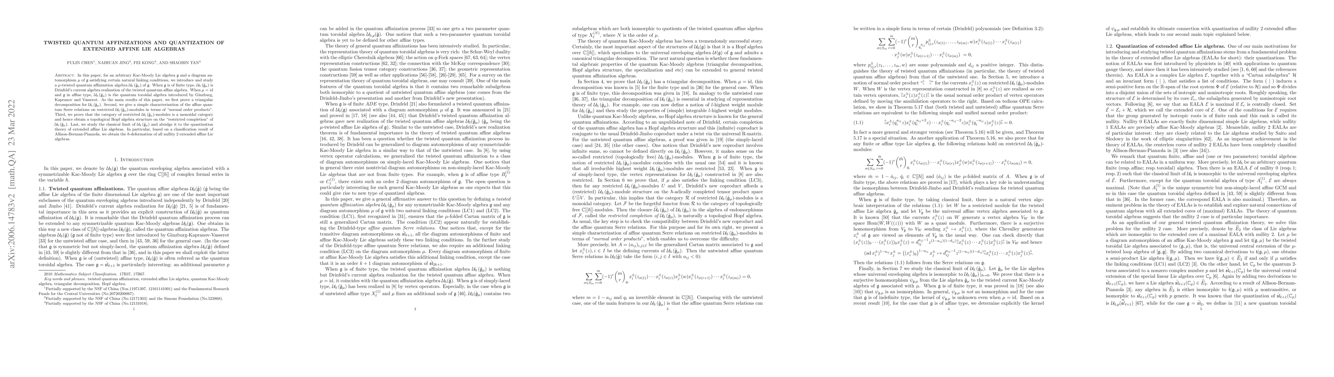 Thumbnail for Twisted quantum affinizations and quantization of extended affine Lie
  algebras