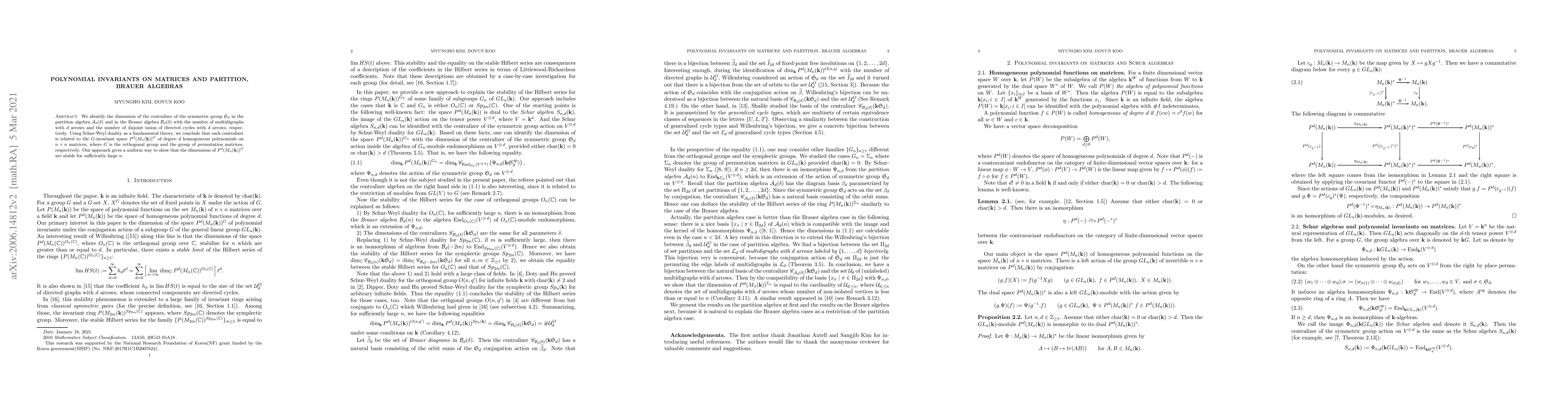 Thumbnail for Polynomial invariants on matrices and partition, Brauer algebra