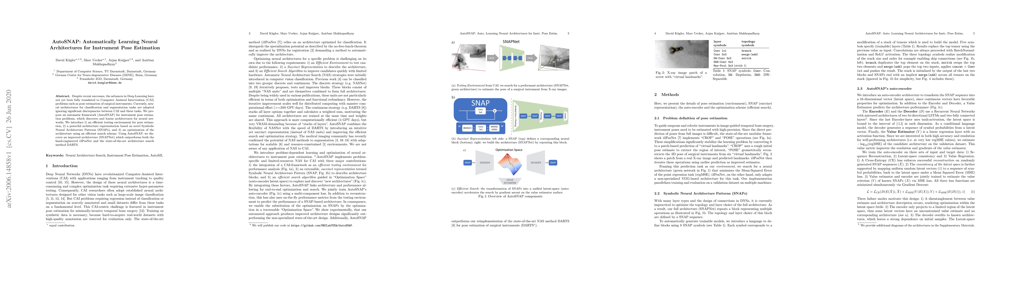 Thumbnail for AutoSNAP: Automatically Learning Neural Architectures for Instrument
  Pose Estimation