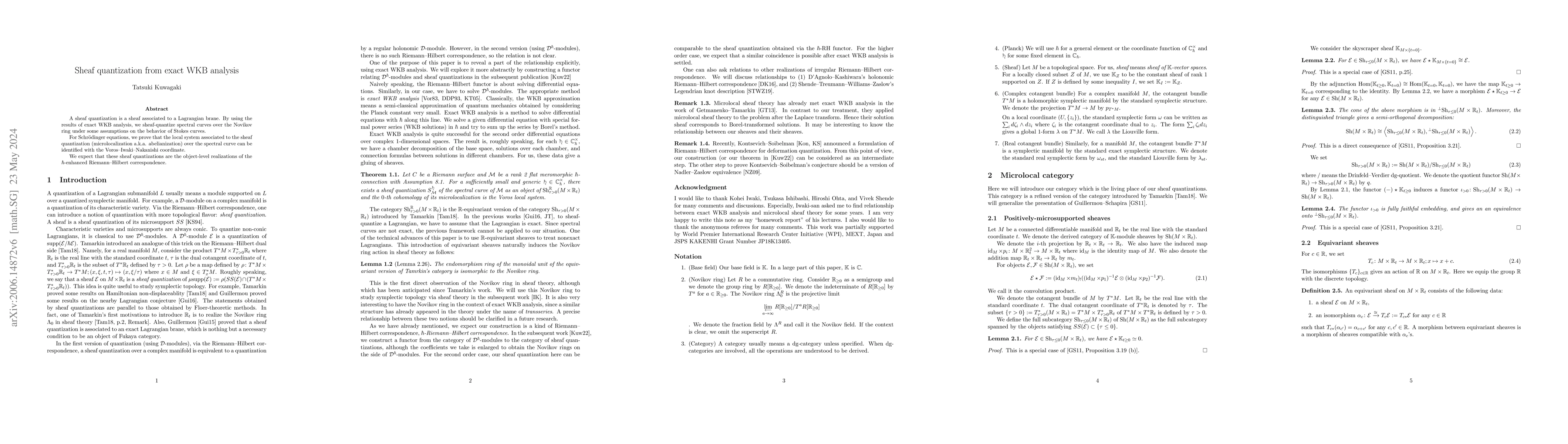 Thumbnail for Sheaf quantization from exact WKB analysis