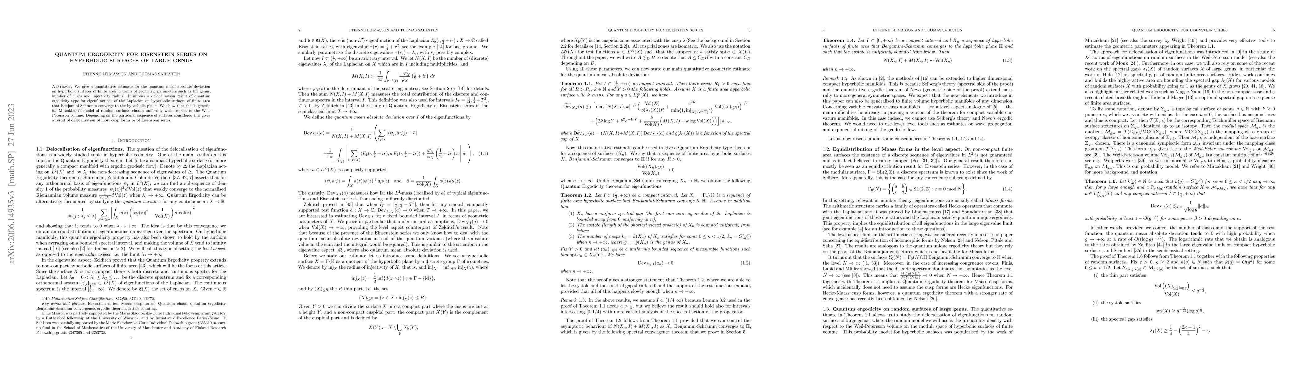 Thumbnail for Quantum ergodicity for Eisenstein series on hyperbolic surfaces of large
  genus
