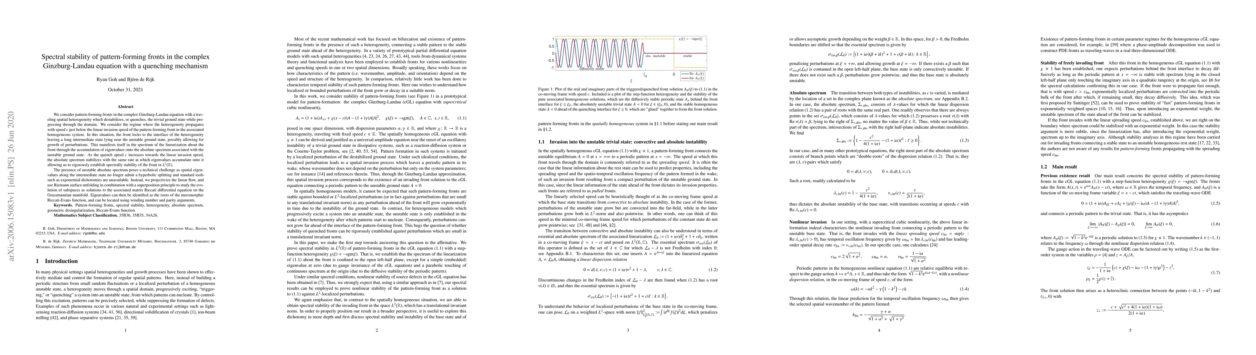 Thumbnail for Spectral stability of pattern-forming fronts in the complex
  Ginzburg-Landau equation with a quenching mechanism