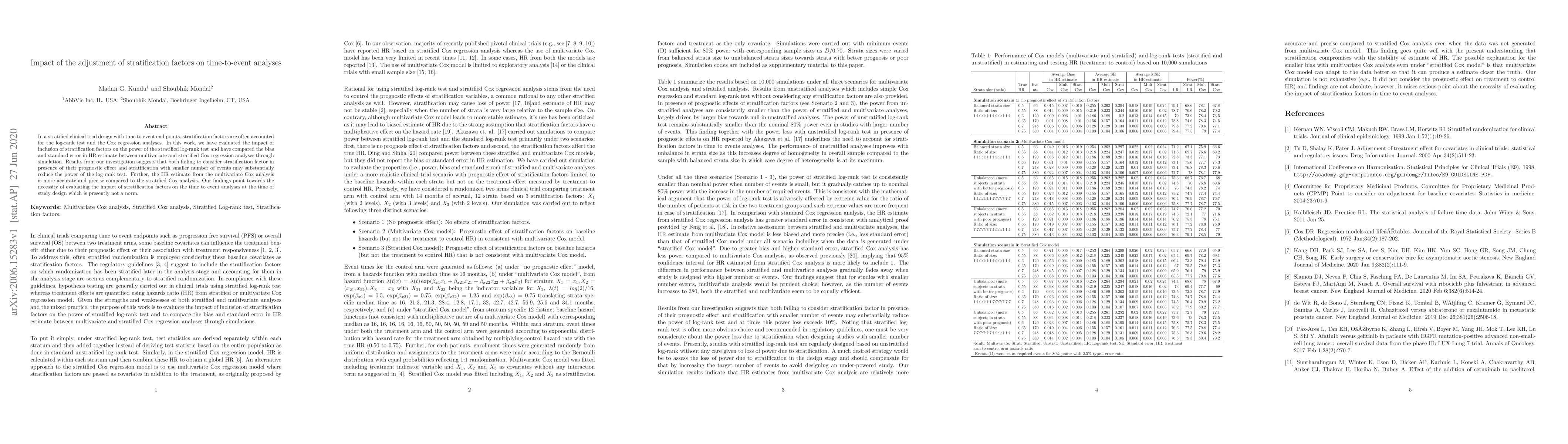 Thumbnail for Impact of the adjustment of stratification factors on time-to-event
  analyses