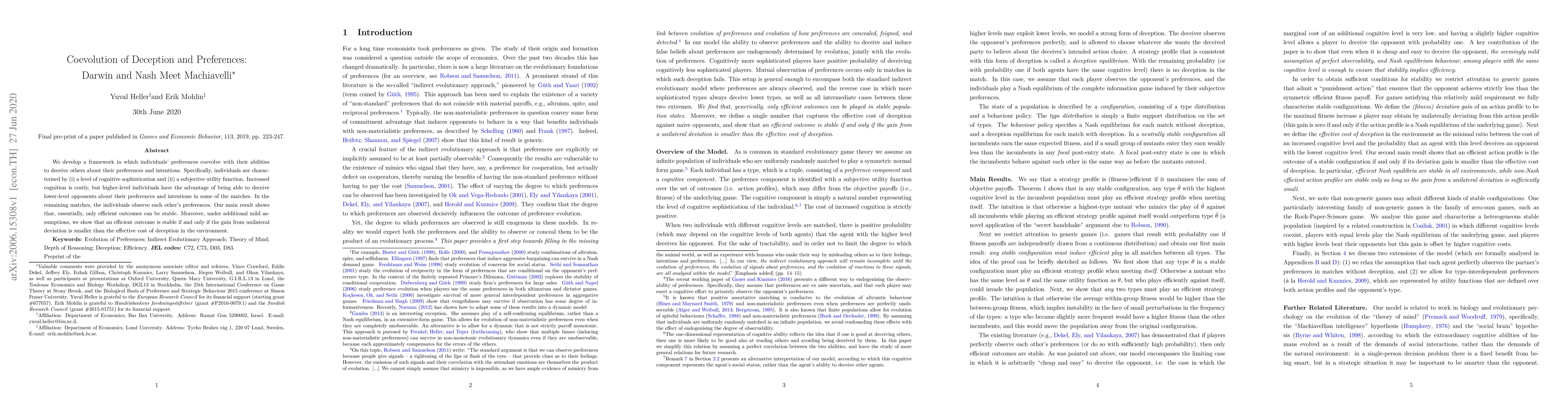 Thumbnail for Coevolution of deception and preferences: Darwin and Nash meet
  Machiavelli