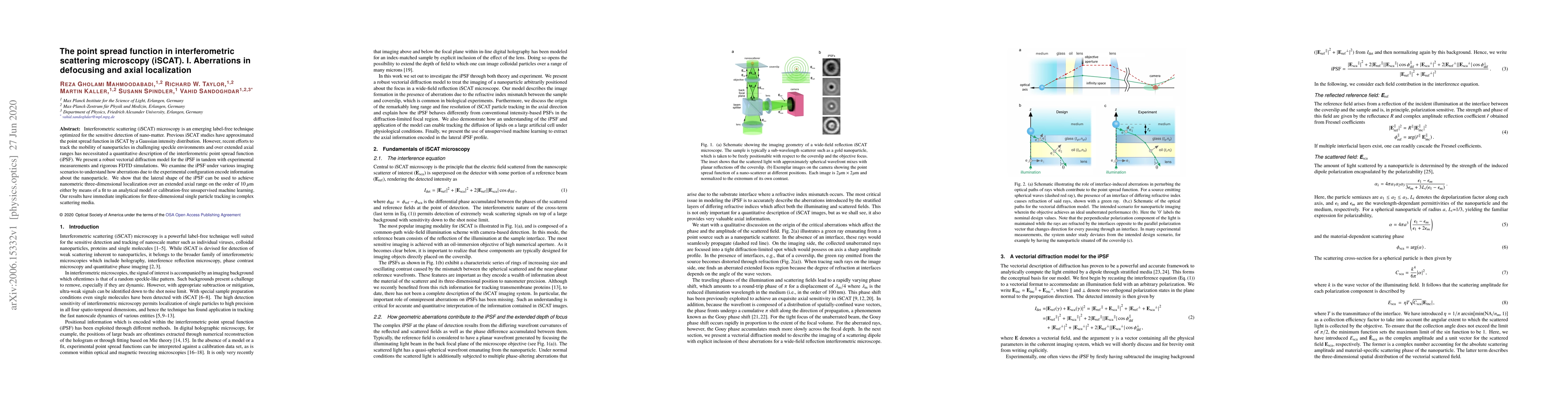 Thumbnail for The point spread function in interferometric scattering microscopy
  (iSCAT). I. Aberrations in defocusing and axial localization