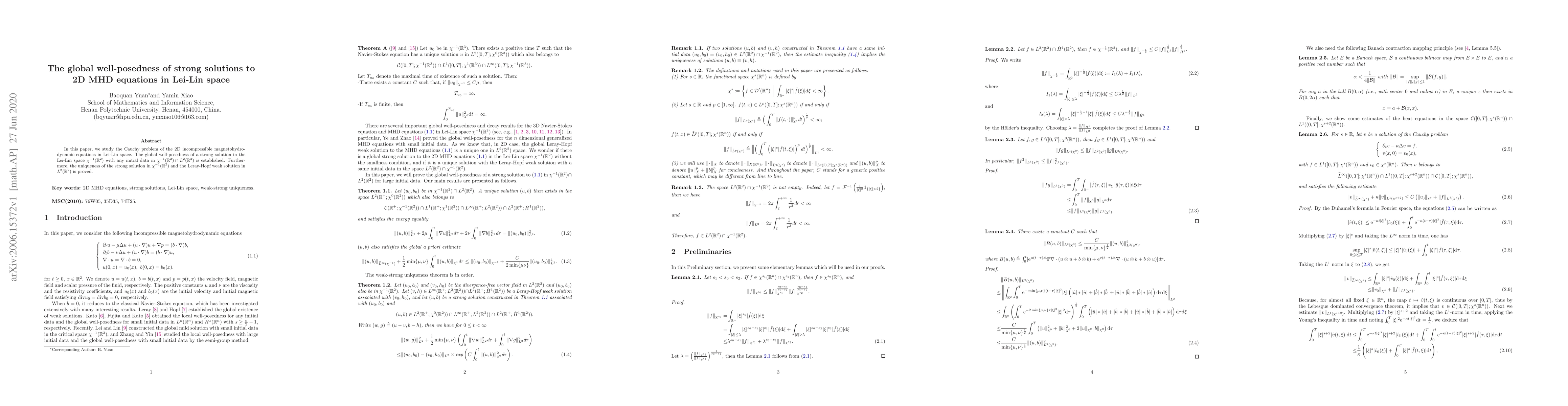 Thumbnail for The global well-posedness of strong solutions to 2D MHD equations in
  Lei-Lin space