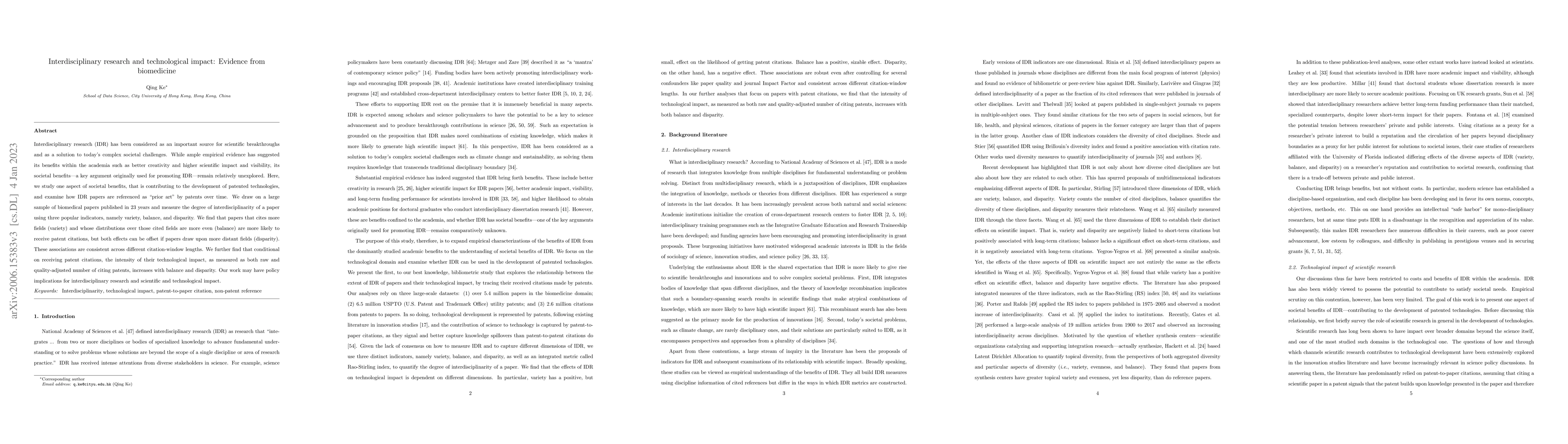 Thumbnail for Interdisciplinary research and technological impact: Evidence from
  biomedicine