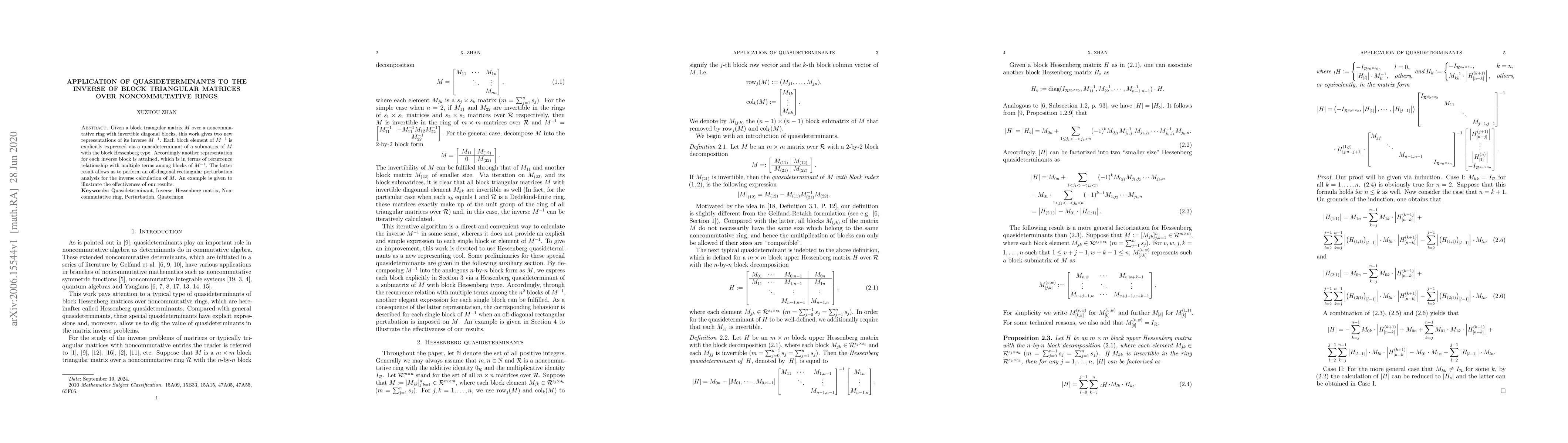 Thumbnail for Application of quasideterminants to the inverse of block triangular
  matrices over noncommutative rings