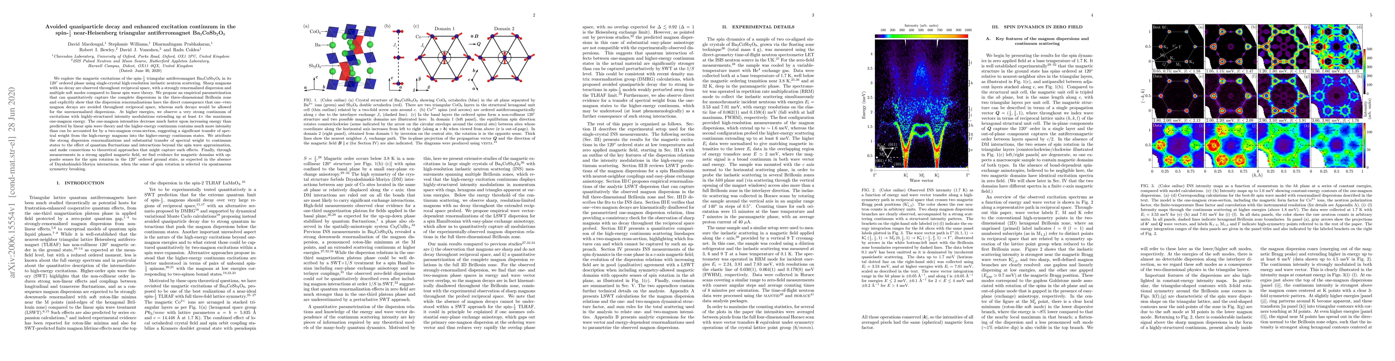 Thumbnail for Avoided quasiparticle decay and enhanced excitation continuum in the
  spin-1/2 near-Heisenberg triangular antiferromagnet Ba3CoSb2O9