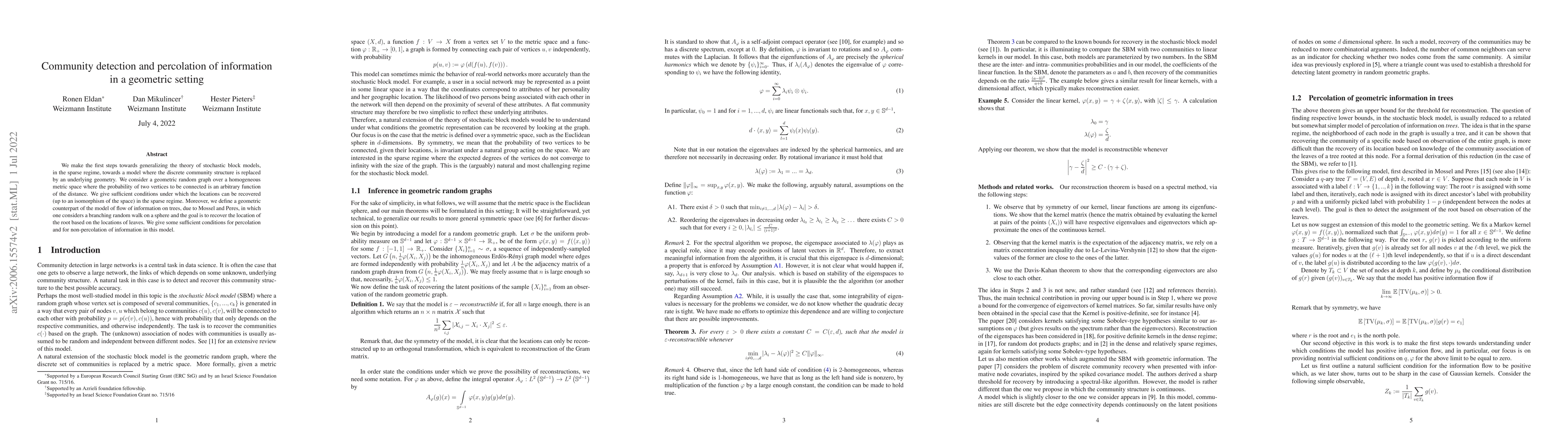 Thumbnail for Community detection and percolation of information in a geometric
  setting