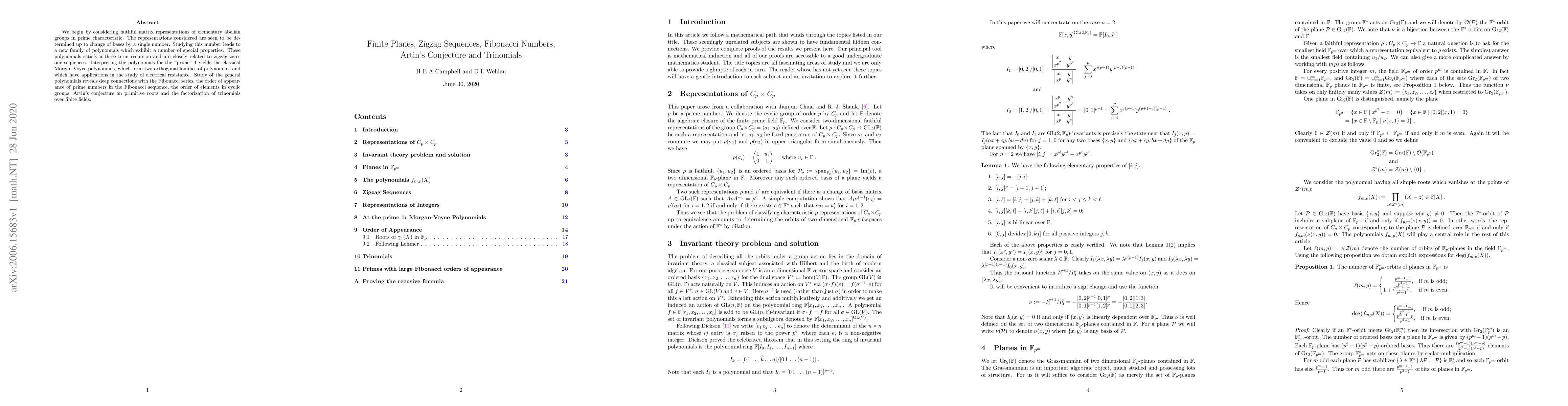 Thumbnail for Finite Planes, Zigzag Sequences, Fibonacci Numbers, Artin's Conjecture
  and Trinomials