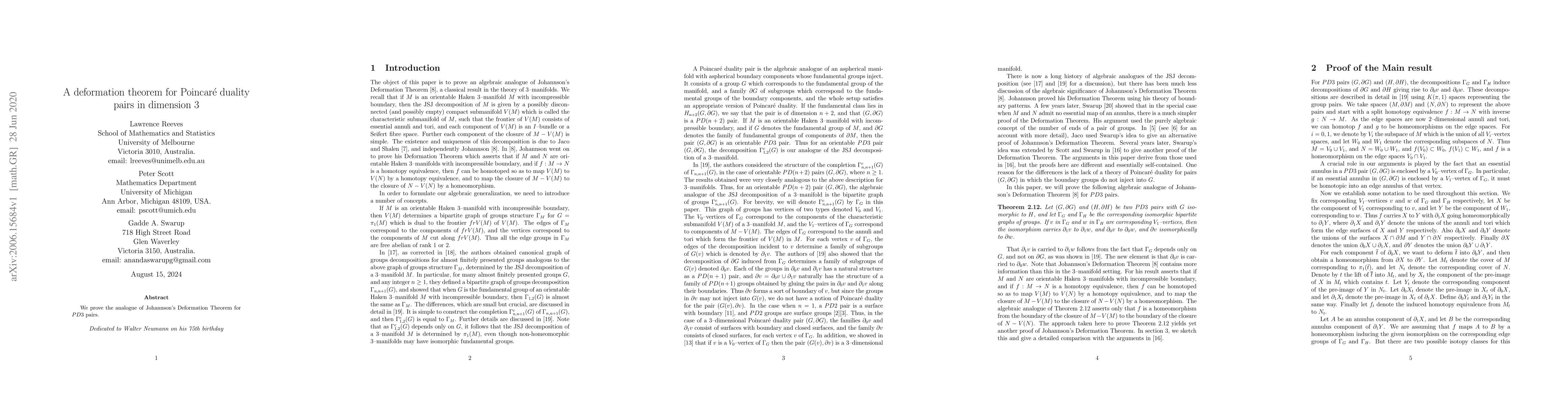 Thumbnail for A deformation theorem for Poincar\'e duality pairs in dimension 3