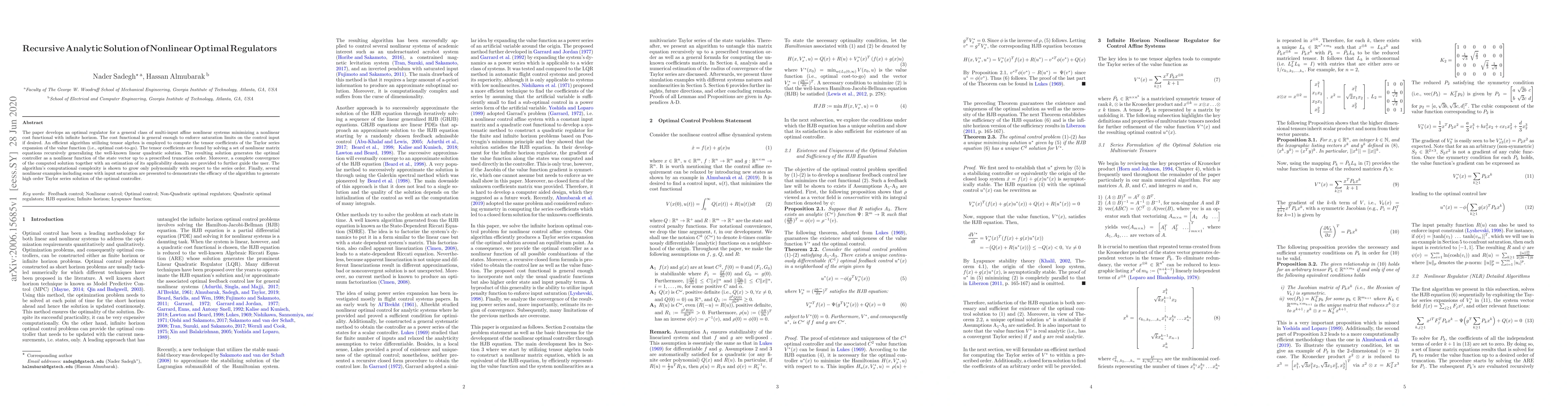 Thumbnail for Recursive Analytic Solution of Nonlinear Optimal Regulators