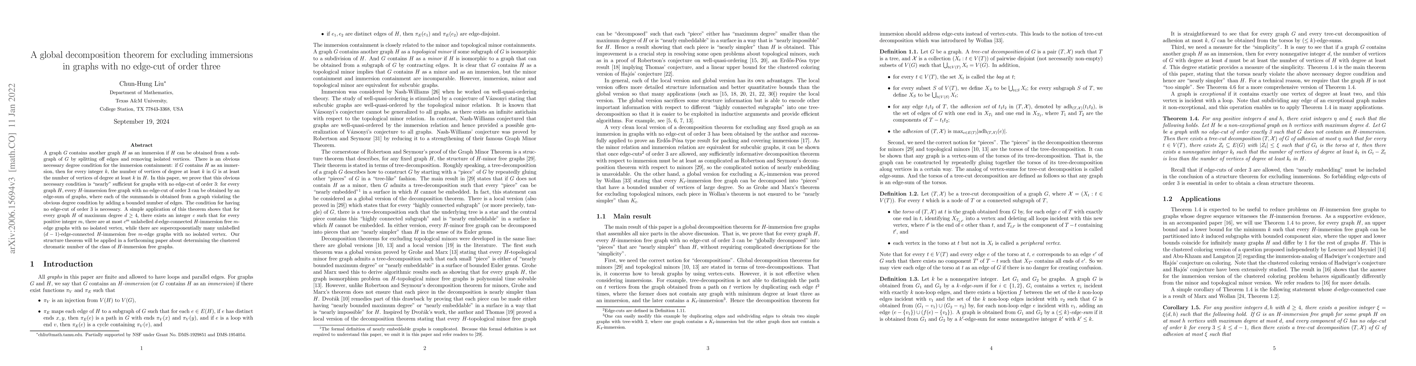 Thumbnail for A global decomposition theorem for excluding immersions in graphs with
  no edge-cut of order three