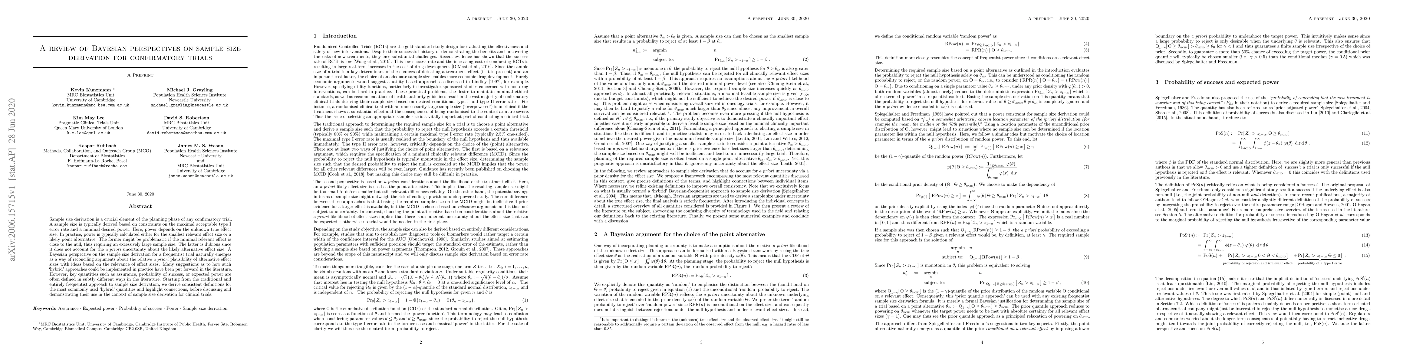 Thumbnail for A review of Bayesian perspectives on sample size derivation for
  confirmatory trials