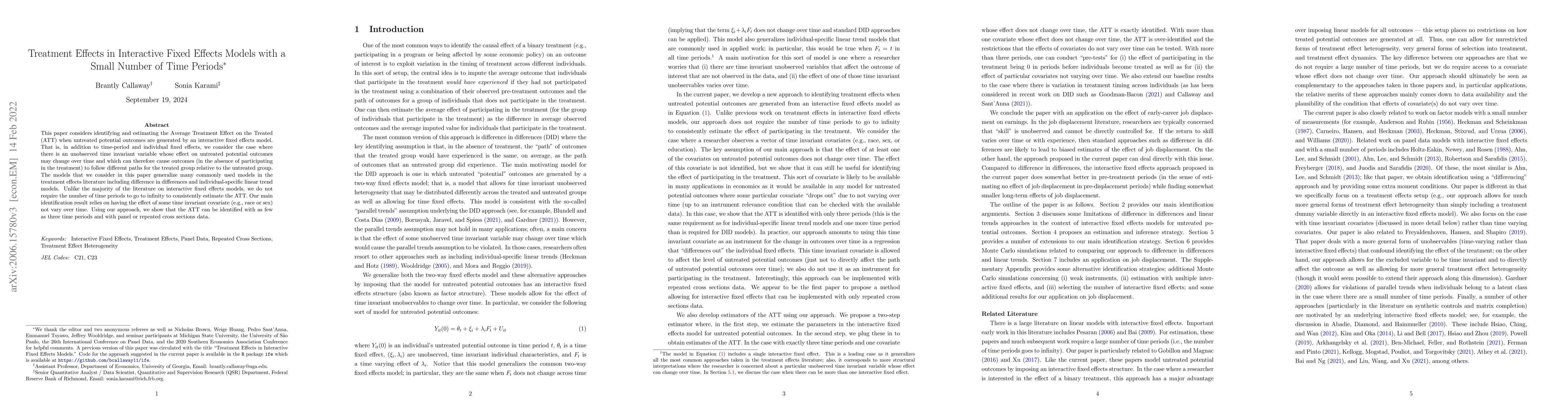 Thumbnail for Treatment Effects in Interactive Fixed Effects Models with a Small
  Number of Time Periods