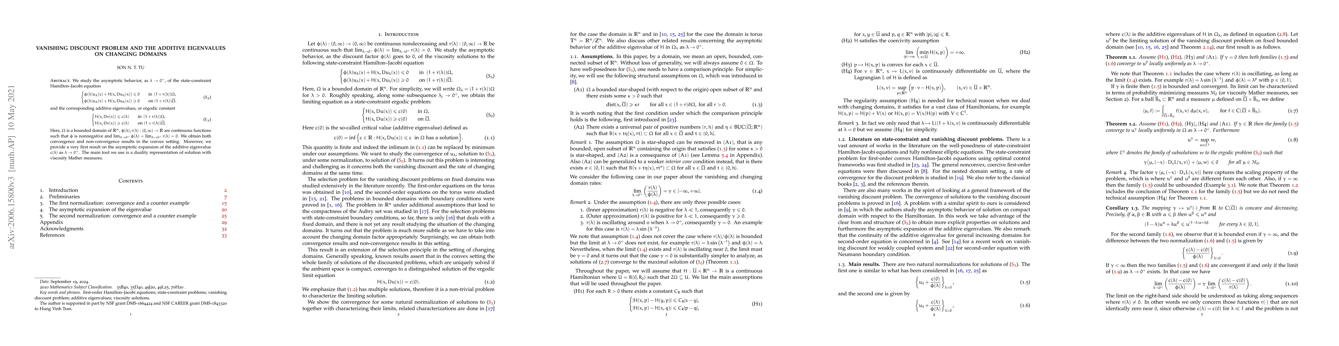 Thumbnail for Vanishing discount problem and the additive eigenvalues on changing
  domains