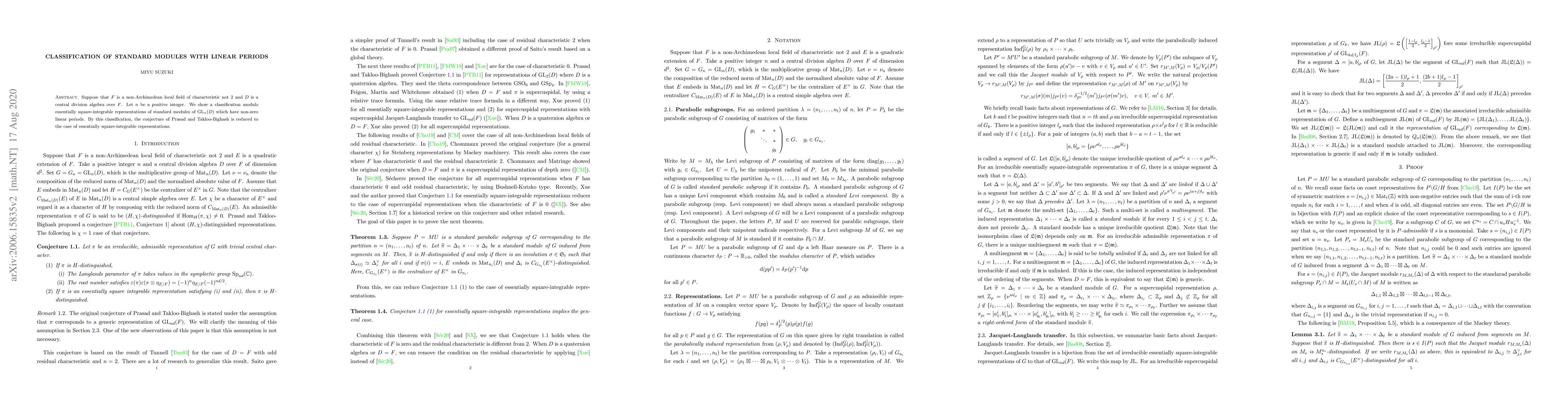 Thumbnail for Classification of standard modules with linear periods