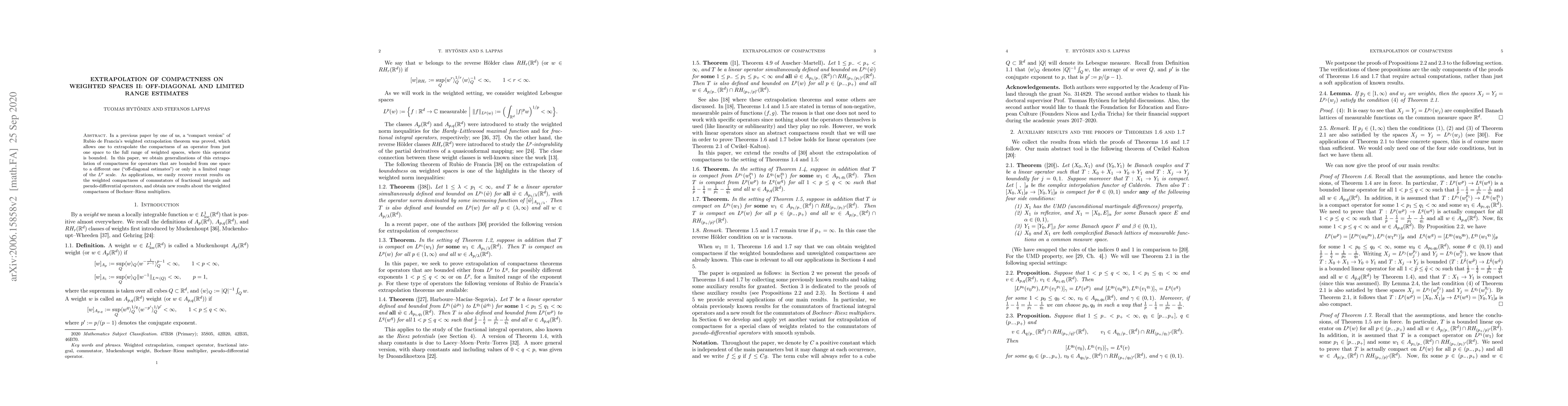Thumbnail for Extrapolation of compactness on weighted spaces II: Off-diagonal and
  limited range estimates
