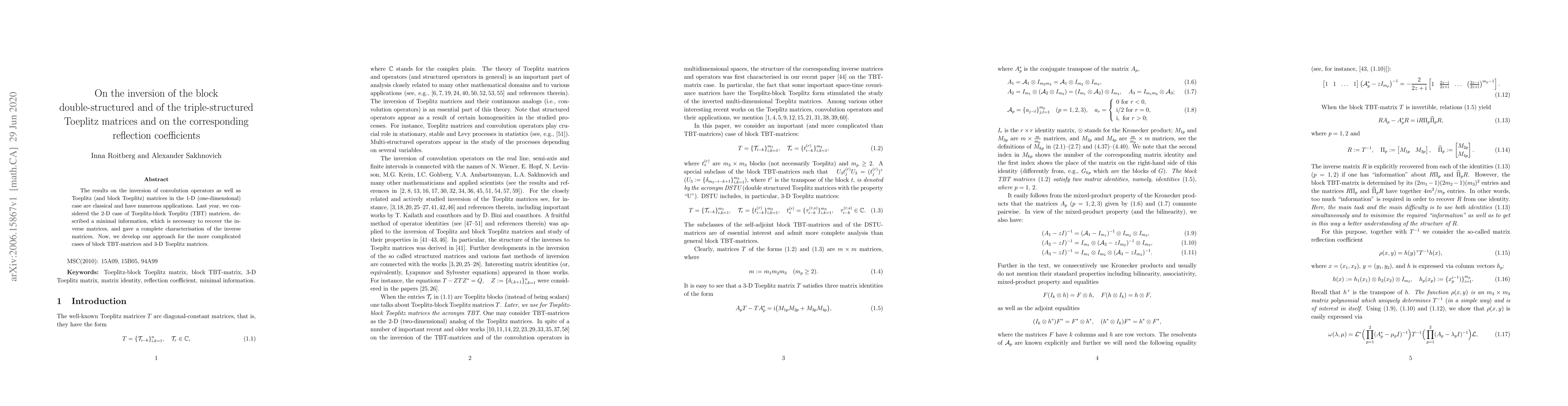 Thumbnail for On the inversion of the block double-structured and of the
  triple-structured Toeplitz matrices and on the corresponding reflection
  coefficients
