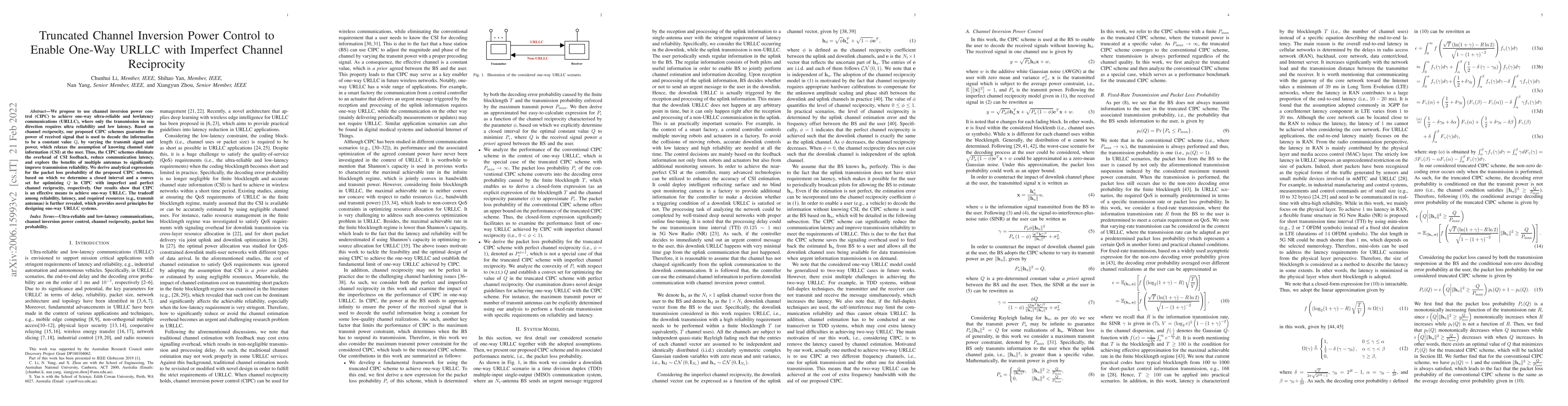 Thumbnail for Truncated Channel Inversion Power Control to Enable One-Way URLLC with
  Imperfect Channel Reciprocity