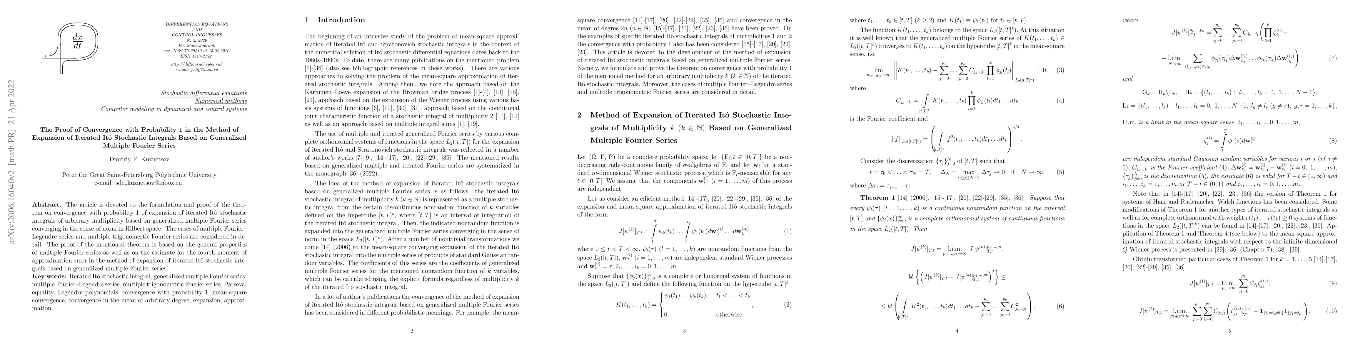 Thumbnail for The Proof of Convergence with Probability 1 in the Method of Expansion
  of Iterated Ito Stochastic Integrals Based on Generalized Multiple Fourier
  Series