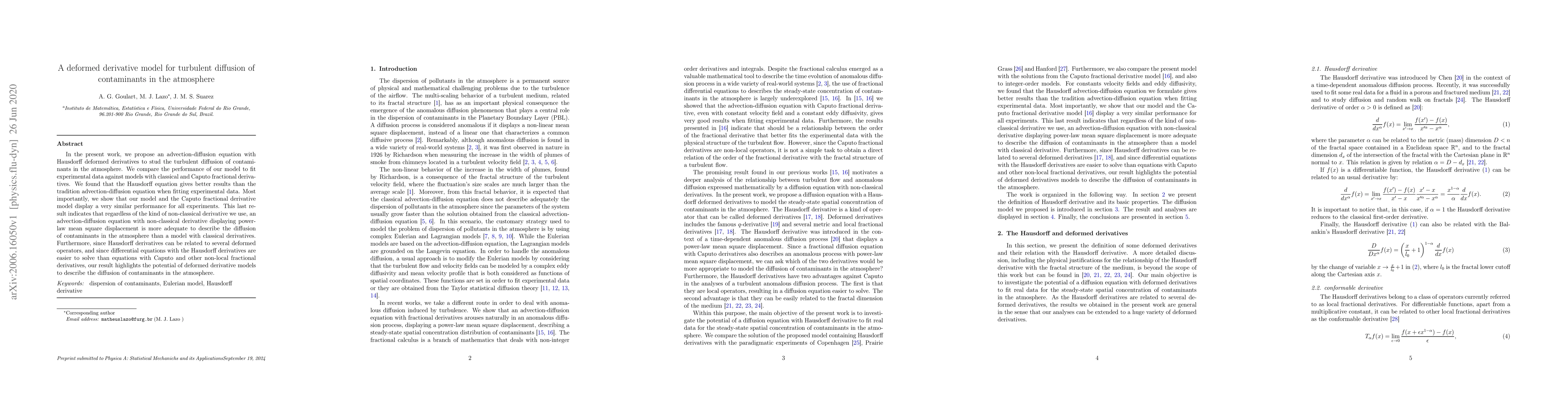 Thumbnail for A deformed derivative model for turbulent diffusion of contaminants in
  the atmosphere