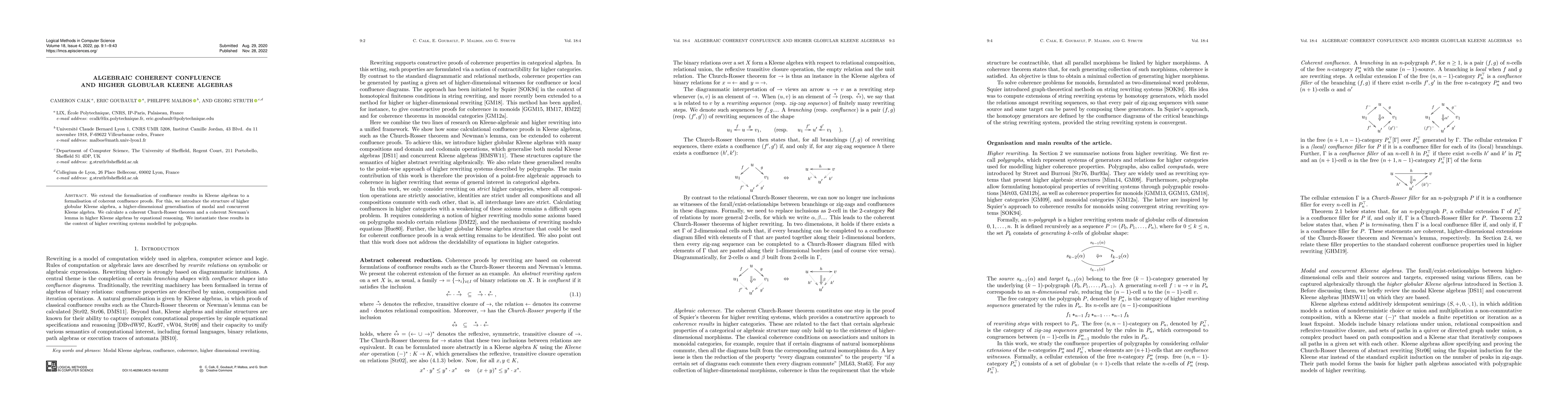 Thumbnail for Algebraic coherent confluence and higher globular Kleene algebras
