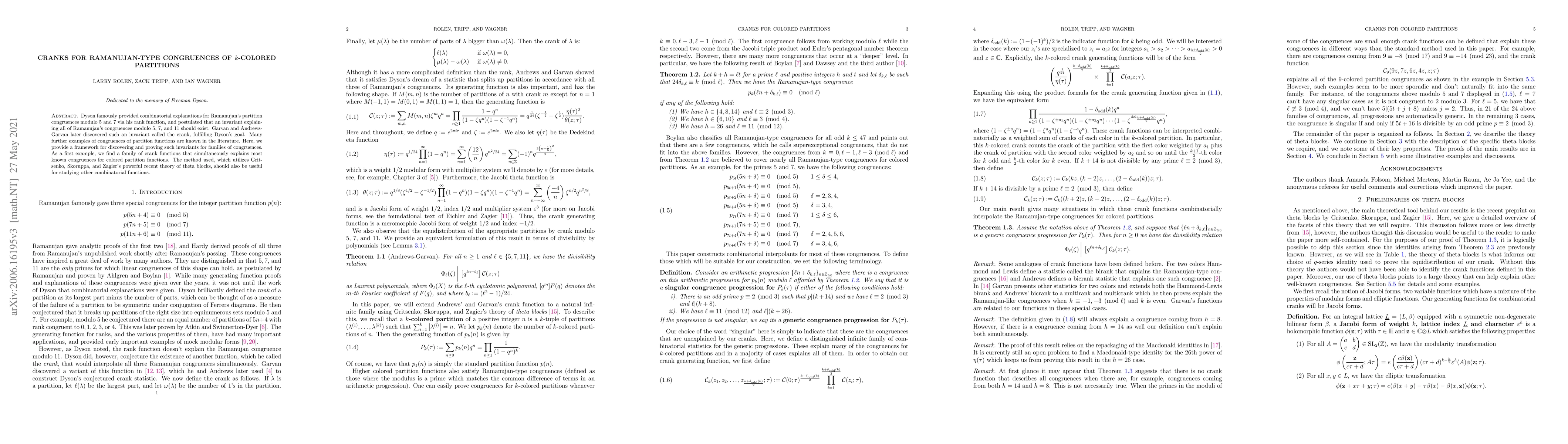 Thumbnail for Cranks for Ramanujan-type congruences of $k$-colored partitions