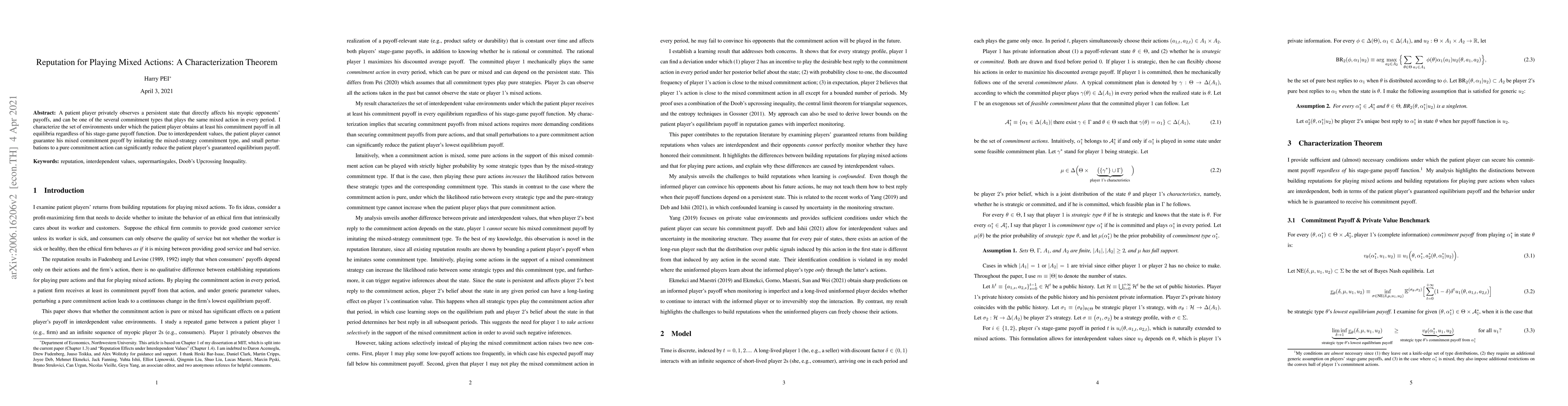 Thumbnail for Reputation for Playing Mixed Actions: A Characterization Theorem