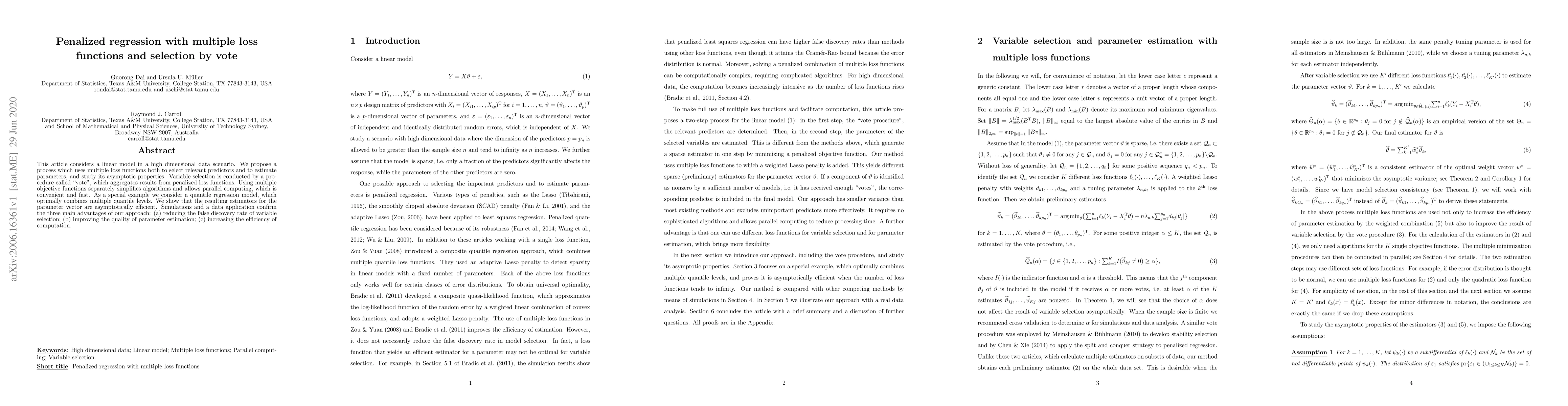 Thumbnail for Penalized regression with multiple loss functions and selection by vote