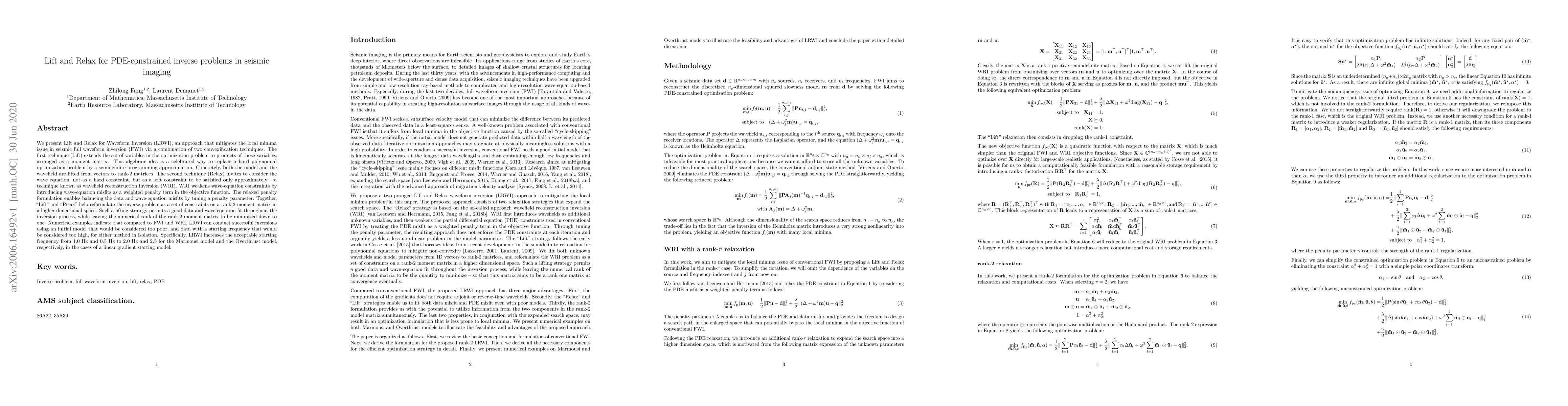 Thumbnail for Lift and Relax for PDE-constrained inverse problems in seismic imaging