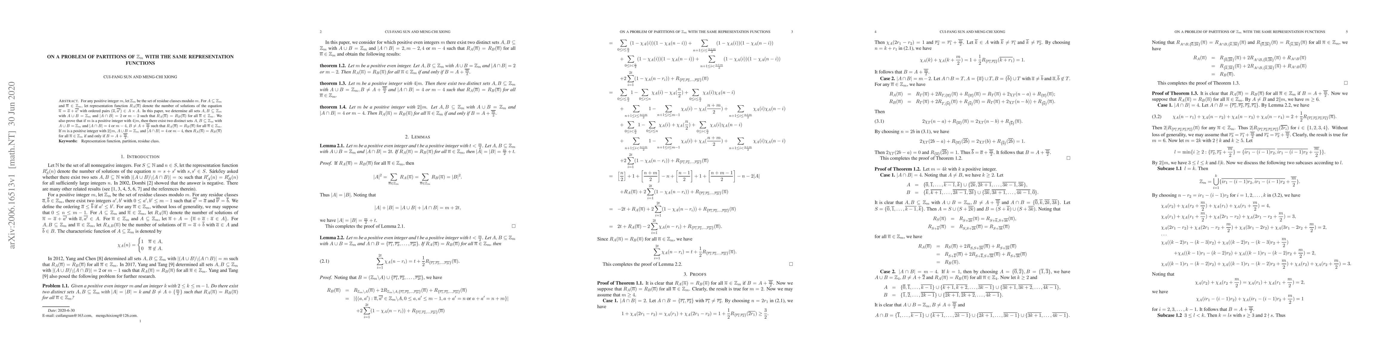 Thumbnail for On a problem of partitions of $\mathbb{Z}_{m}$ with the same
  representation functions