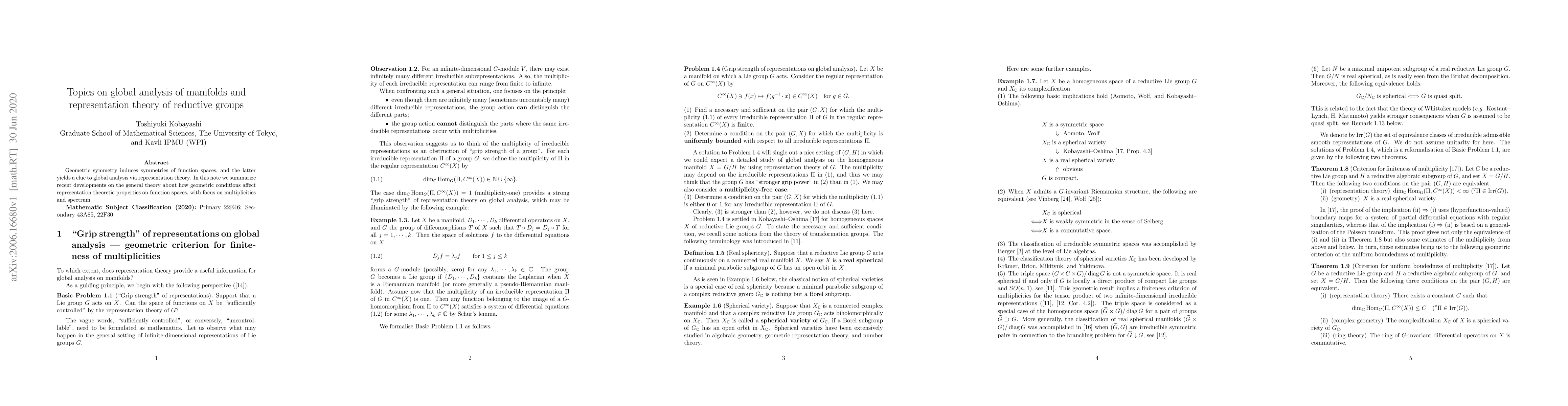 Thumbnail for Topics on global analysis of manifolds and representation theory of
  reductive groups