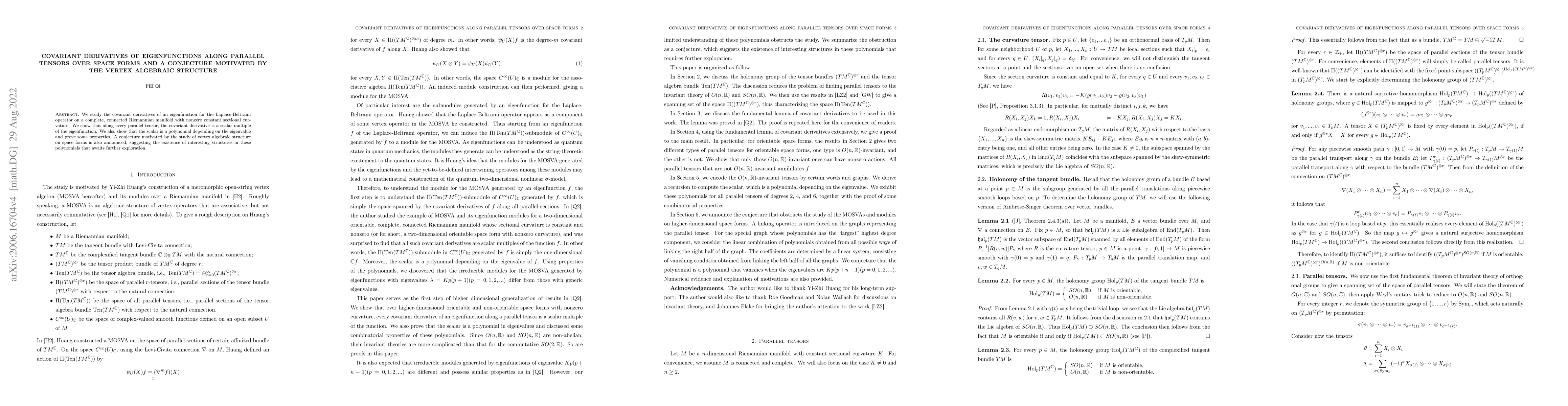 Thumbnail for Covariant derivatives of eigenfunctions along parallel tensors over
  space forms and a conjecture motivated by the vertex algebraic structure